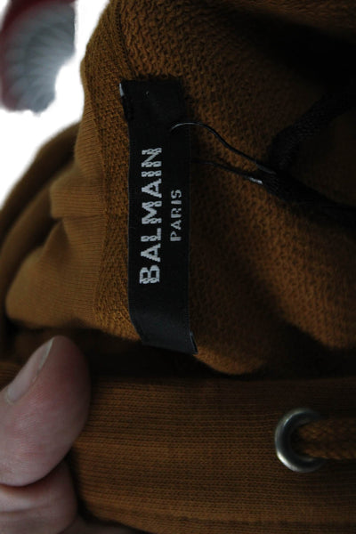 Balmain Mens Cotton Raised Logo Long Sleeve Drawstring Hoodie Brown Size M
