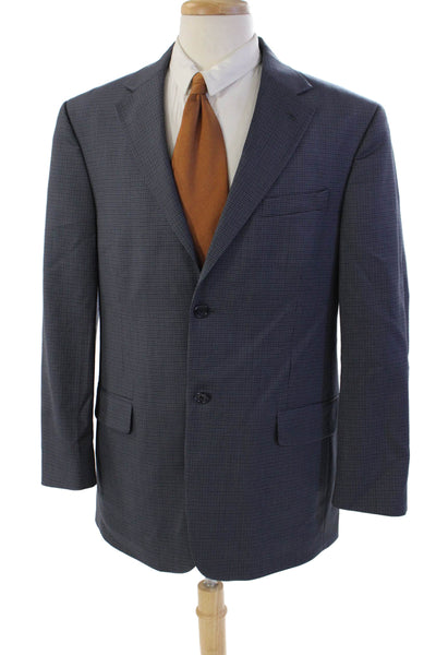 Stafford Mens Wool Houndstooth Print Long Sleeve Button Down Blazer Blue Size 40