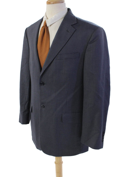 Stafford Mens Wool Houndstooth Print Long Sleeve Button Down Blazer Blue Size 40