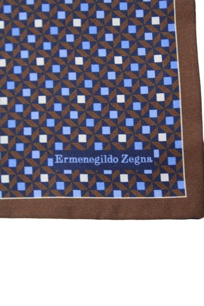 Ermenegildo Zegna Mens Geometric Printed Silk Pocket Square Navy Brown 13"x13"