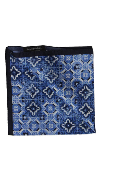 Ermenegildo Zegna Mens Silk Geometric Print Pocket Square Blue Size 12X12"