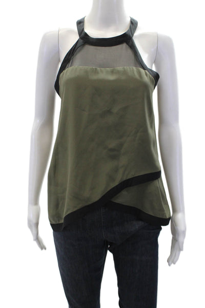 Parker Women's High Neck Sleeveless Sheer Crisscross Silk Tank Top Green Size M