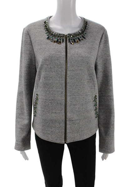 Elizabeth and James Womens Front Zip Crew Neck Crystal Knit Jacket Gray Large