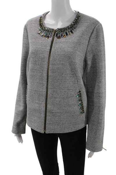 Elizabeth and James Womens Front Zip Crew Neck Crystal Knit Jacket Gray Large