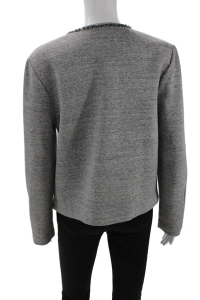 Elizabeth and James Womens Front Zip Crew Neck Crystal Knit Jacket Gray Large