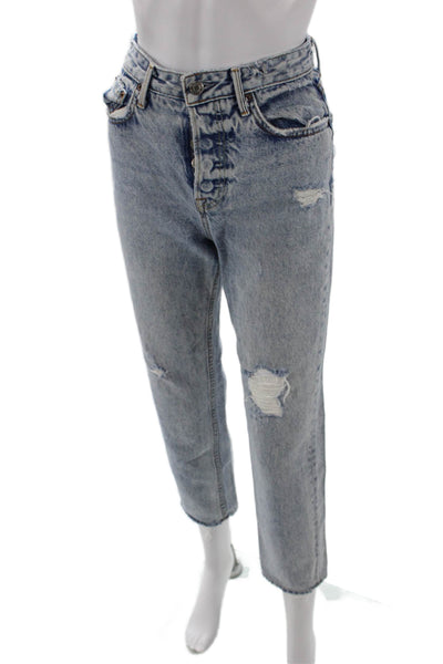 Grlfrnd Women's High Waist Distress Medium Wash Straight Leg Denim Pants Size 23