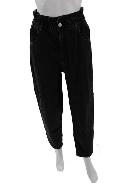 Zara Women's Paper Bag Waist Pockets Straight Leg Jean Pants Black Size XS
