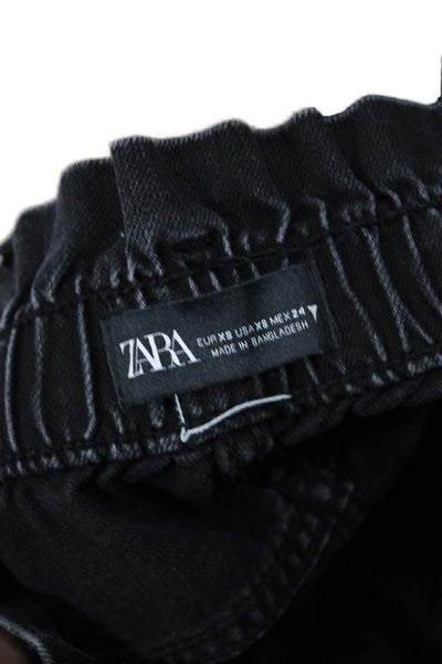 Zara Women's Paper Bag Waist Pockets Straight Leg Jean Pants Black Size XS