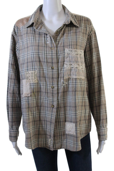 Woolrich Womens Button Front Collared Plaid Lace Patched Shirt Brown Size Large