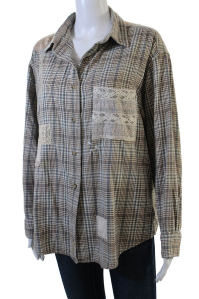 Woolrich Womens Button Front Collared Plaid Lace Patched Shirt Brown Size Large