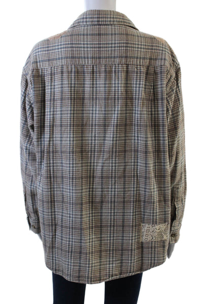 Woolrich Womens Button Front Collared Plaid Lace Patched Shirt Brown Size Large
