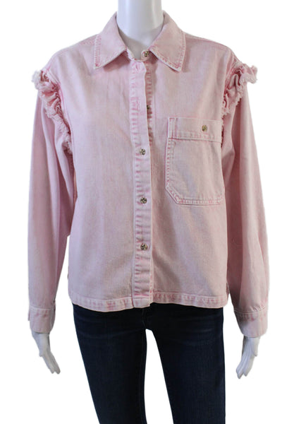 Something Navy Womens Button Front Ruffled Jean Jacket Pink Denim Size Small