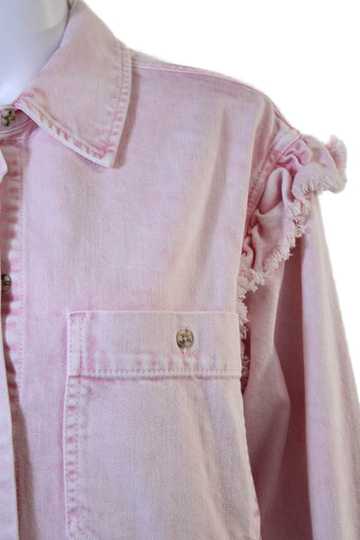 Something Navy Womens Button Front Ruffled Jean Jacket Pink Denim Size Small