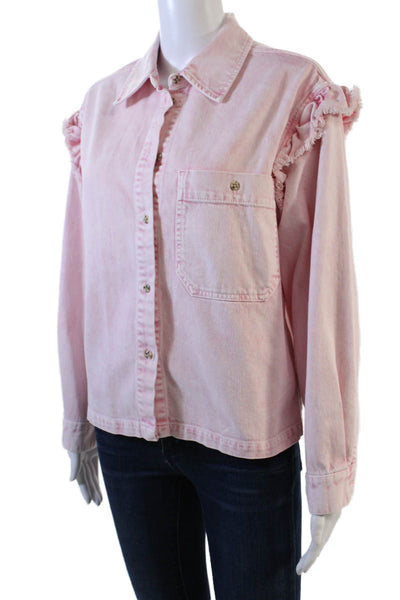 Something Navy Womens Button Front Ruffled Jean Jacket Pink Denim Size Small