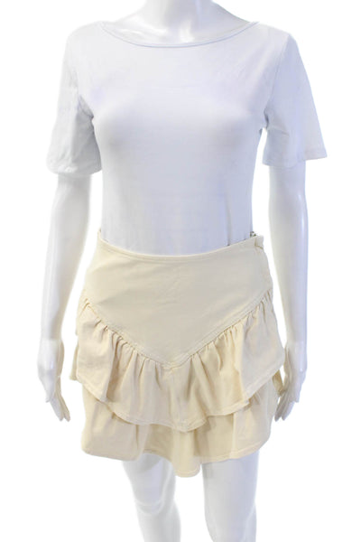 Mother Womens Denim Zip Up Ruffle Mini Skirt Beige Size 27