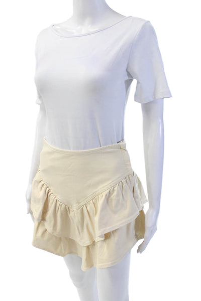 Mother Womens Denim Zip Up Ruffle Mini Skirt Beige Size 27