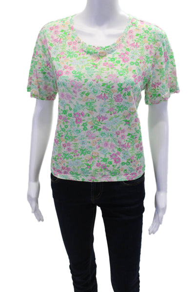 Love Shack Fancy Womens Cotton Short Sleeve Floral Crop Top Green Size XS