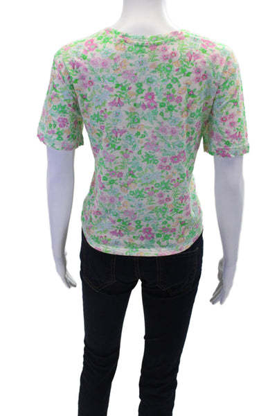 Love Shack Fancy Womens Cotton Short Sleeve Floral Crop Top Green Size XS