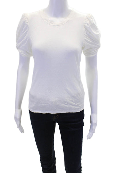 ALC Womens Cotton Short Puff Sleeve Crewneck T Shirt White Size S