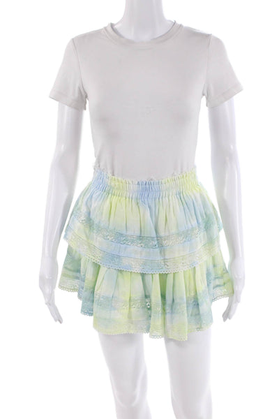 Love Shack Fancy Womens Tiered A Line Skirt Blue Yellow Cotton Size Extra Small