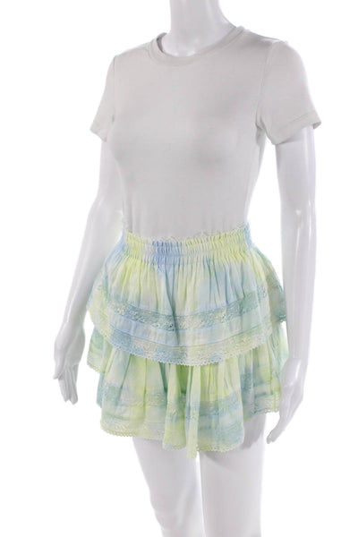 Love Shack Fancy Womens Tiered A Line Skirt Blue Yellow Cotton Size Extra Small