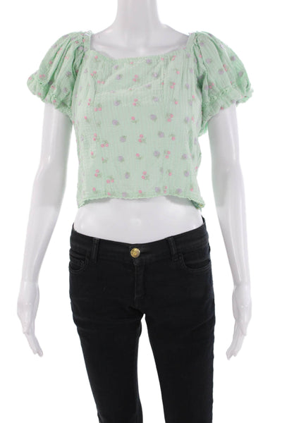 Love Shack Fancy Womens Puff Sleeve Floral Embroidered Top Mint Green Size 4