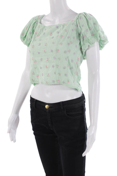 Love Shack Fancy Womens Puff Sleeve Floral Embroidered Top Mint Green Size 4