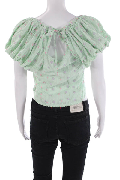 Love Shack Fancy Womens Puff Sleeve Floral Embroidered Top Mint Green Size 4
