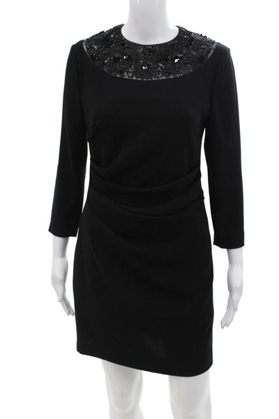 Talbot Runhof Womens Beaded Long Sleeves Ruched Sheath Dress Black Size 8