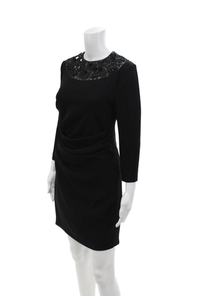 Talbot Runhof Womens Beaded Long Sleeves Ruched Sheath Dress Black Size 8