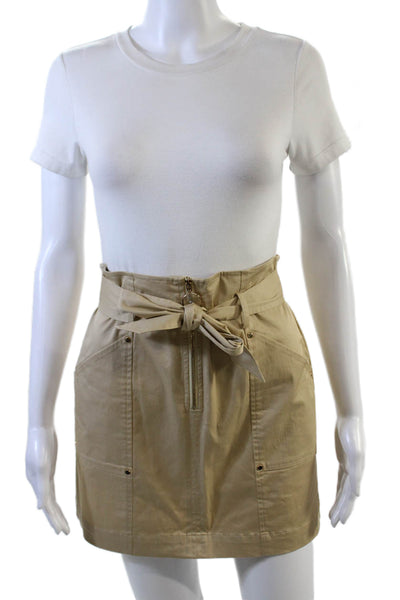 Intermix Womens Belted Front Zipper Mini Skirt Khaki Beige Cotton Size 2