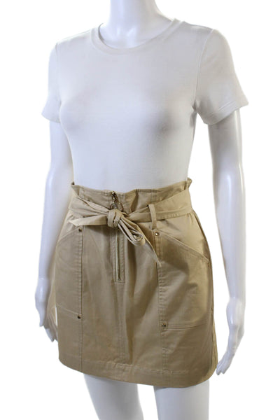 Intermix Womens Belted Front Zipper Mini Skirt Khaki Beige Cotton Size 2