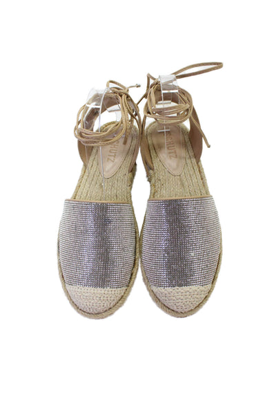 Schutz Womens Textured Rounded Toe Rhinestone Slip On Slingback Sandals Nude Siz