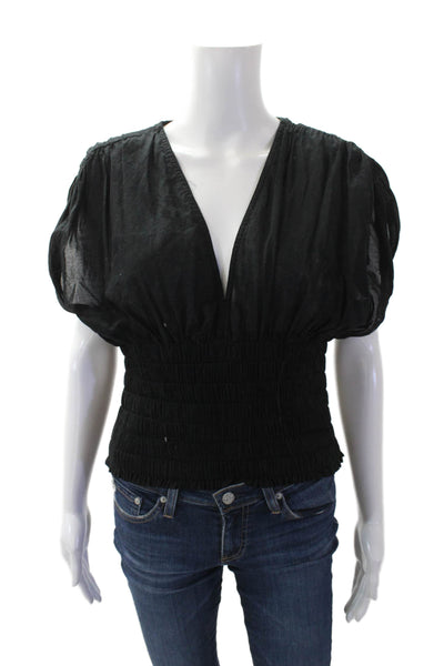 ALC Womens Cotton V Neck Short Sleeve Smocked Elasticated Blouse Black Size 6