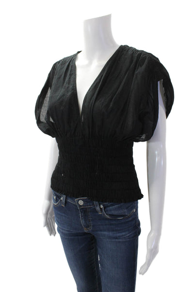 ALC Womens Cotton V Neck Short Sleeve Smocked Elasticated Blouse Black Size 6