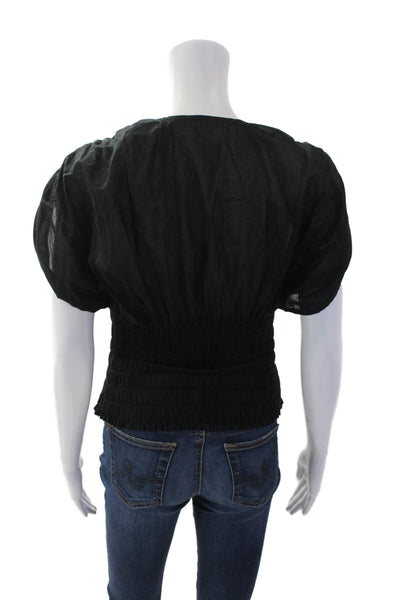 ALC Womens Cotton V Neck Short Sleeve Smocked Elasticated Blouse Black Size 6