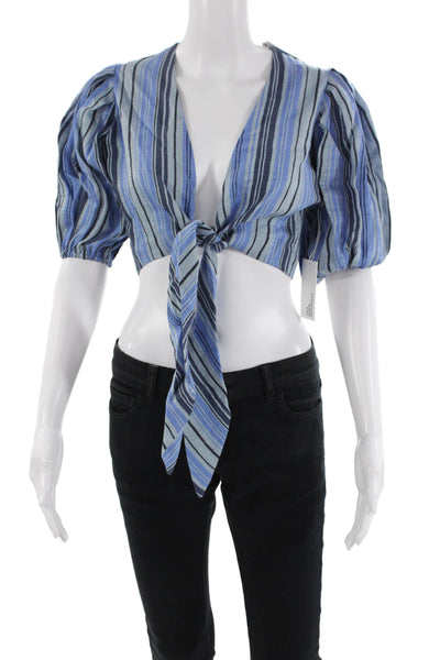 Lisa Marie Fernandez Womens Pouf Tie Blouse - Sea Striped Linen Size 0
