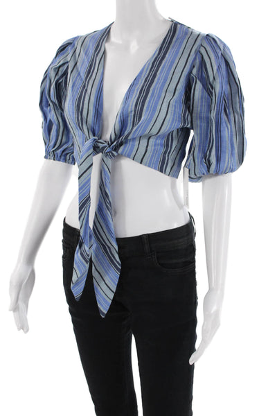 Lisa Marie Fernandez Womens Pouf Tie Blouse - Sea Striped Linen Size 0