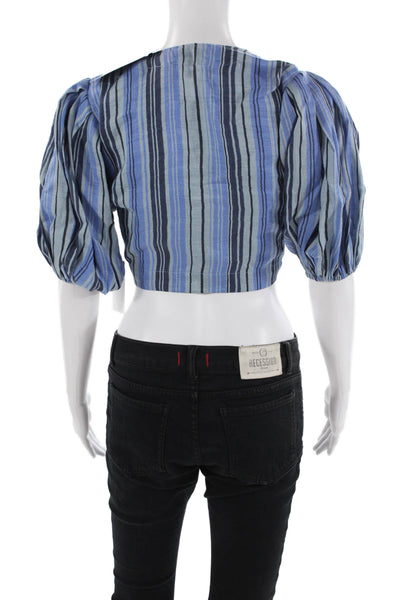 Lisa Marie Fernandez Womens Pouf Tie Blouse - Sea Striped Linen Size 0