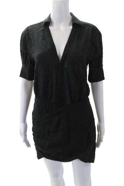L'Academie Womens Short Sleeve V Neck Collared Mini Dress Black Size S