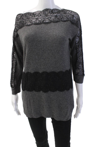 Twin Set Simona Barbieri Womens Scoop Neck Long Sleeve Lace Knit Sweater Gray Si
