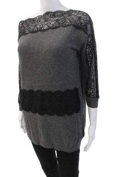 Twin Set Simona Barbieri Womens Scoop Neck Long Sleeve Lace Knit Sweater Gray Si