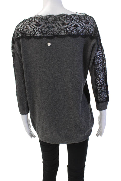 Twin Set Simona Barbieri Womens Scoop Neck Long Sleeve Lace Knit Sweater Gray Si