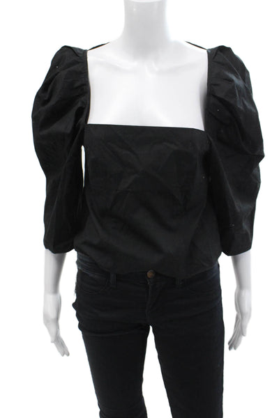 Vince Women's Square Neck Short Sleeves Cotton Cropped Blouse Black Size 8