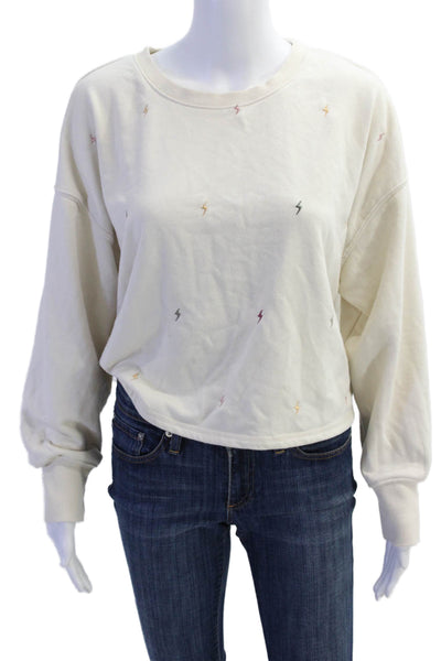 Z Supply Women's Long Sleeves Graphic Pullover Cropped Sweatshirt Beige Size M