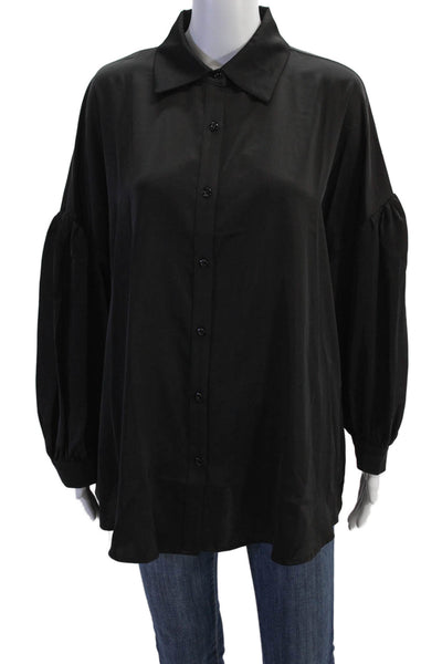Anonyme Womens Long Sleeve Button Front Collared Satin Shirt Black Size Large
