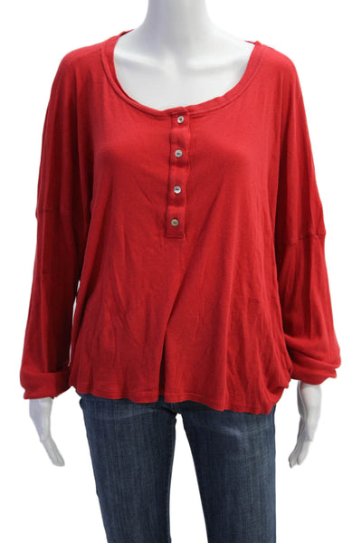 Donni Womens Long Sleeve Scoop Neck Ribbed Knit Oversized Shirt Red Size Large