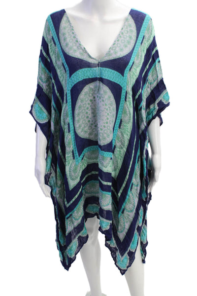 Theodora & Callum Womens Linen Geometric Print Tunic Sheer Cover-Up Blue Size M