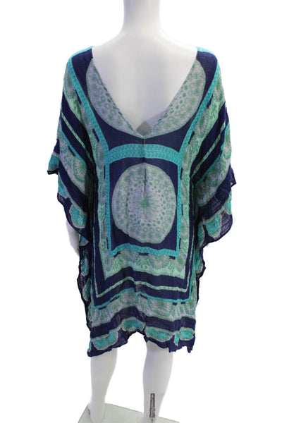 Theodora & Callum Womens Linen Geometric Print Tunic Sheer Cover-Up Blue Size M