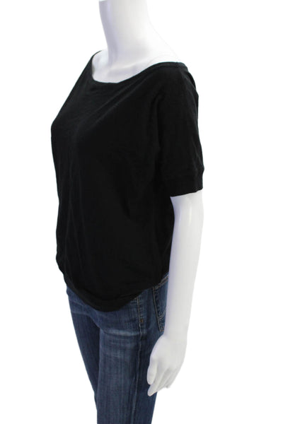 Minnie Rose Womens Short Sleeve Asymmetrical Neck Pullover T-Shirt Black Size XS